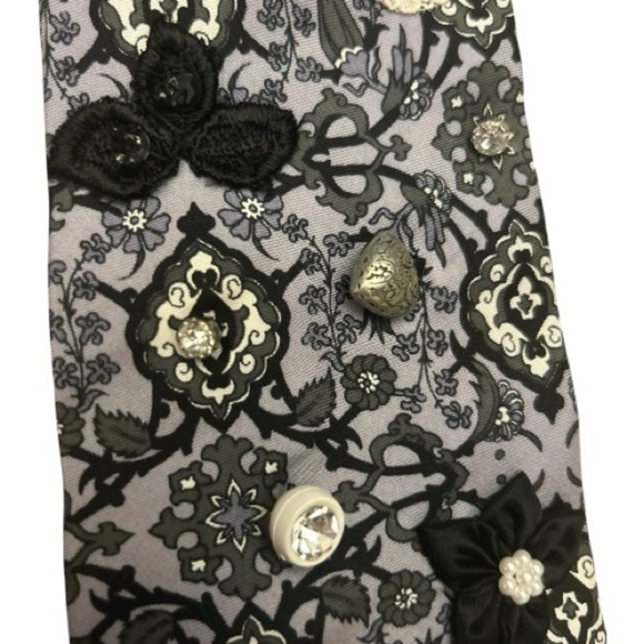 Silk Men’s Tie Black Charcoal Floral Pattern with Pins Flowers Punk Grunge - Picture 6 of 10